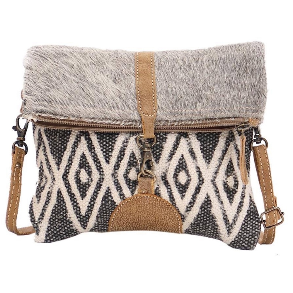 Myra Bag Grumpy Upcycled Canvas & Cowhide Small Crossbody Bag